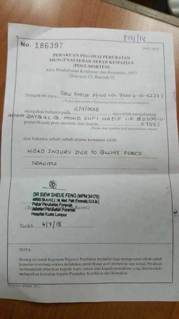 Alasan Culik, Tersedak Susu Hanya Tipu, Akhirnya Laporan Bedah Siasat Bongkar Segalanya 2 laporan bedah siasat baby adam
